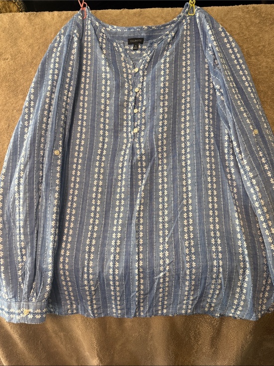 Talbots Tops - Talbots Blue and White Striped Floral Henley Blouse